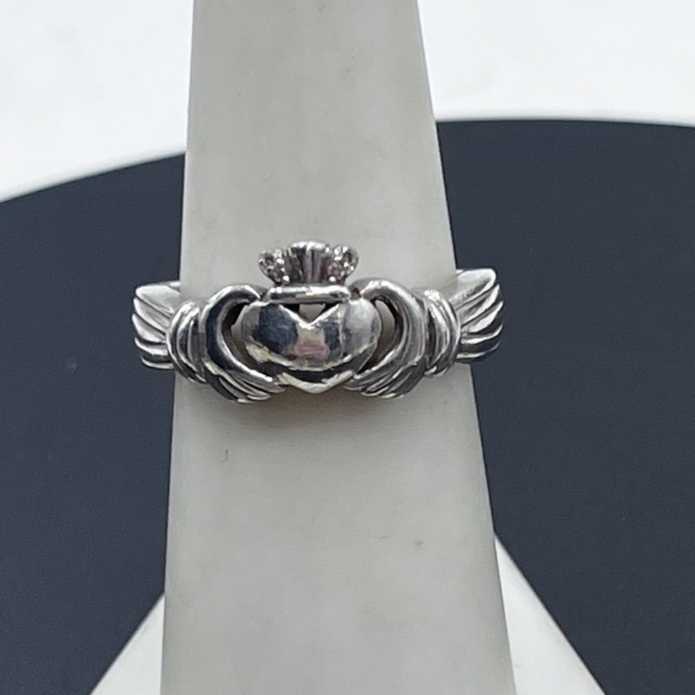 LJ Lucent Jewel Vintage Sterling Silver Irish Claddagh Ring Diamond Accents 7.25